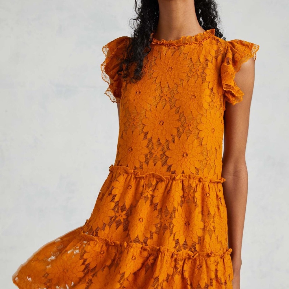 Anthropologie Gold Tiered Lace Tunic Dress